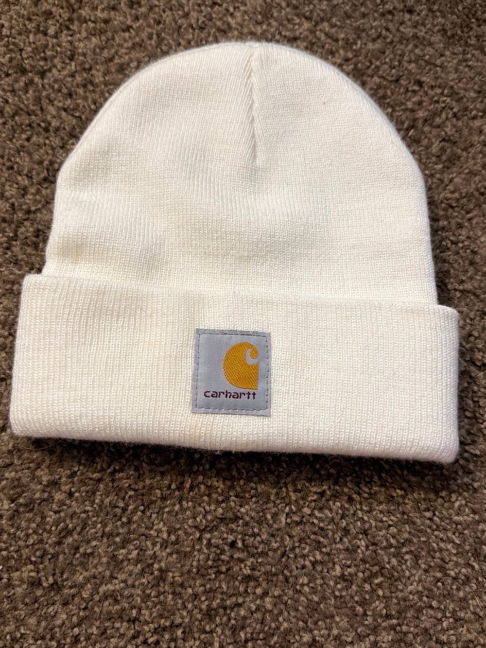 Carhartt Cream Knit Fold-Over Beanie with Gold Logo Patch